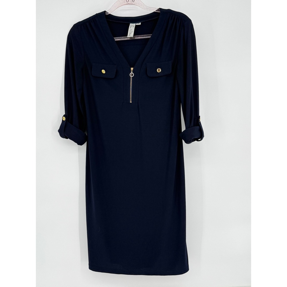 Emma & Michele Navy Blue Dress Gold Accents Half Zip‎ Pockets Sz S Classic